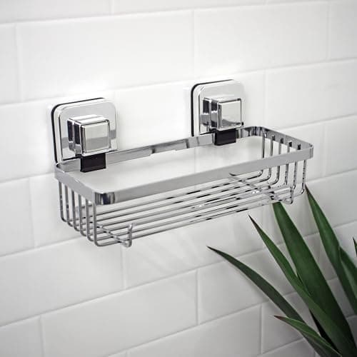 Image of Showerdrape Pushloc Chrome Steel Suction Wall Mounted Rectangular Basket and Mounting Squares