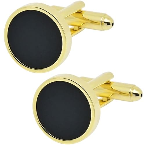 Image of Jonwo 14K Gold Plated Round Mens Cufflinks with Black Agate In Gift Case Classic Round Golden Cufflinks for Men Jewelry for Wedding Party Business Birthday Anniversary Dress