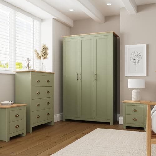 Image of GFW Lancaster 4 Piece Bedroom Set Sage Geen Bedside Cabinet Chest Of Drawers Wardrobe