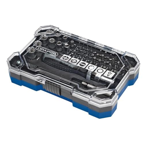 Image of Draper 55pc Soft Grip Ratchet Screwdriver and Bit Set - 13442 - Precision Holder and Bit Set, Magnetic Tips for Quick Change, HI-TORQ sockets (6-13mm)