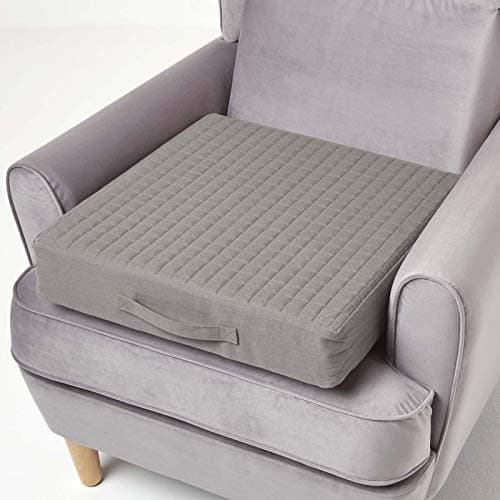 Image of HOMESCAPES Grey Quilted Armchair Booster Cushion with Removable Cover 50 cm Square 10cm Deep Firm Orthopaedic Foam Cushion Seat Pad with Soft 100% Cotton Washable Cover