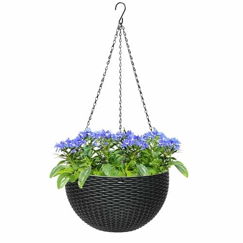 Image of ADEPTNA Beautiful Rattan Effect Hanging Planter – 26cm (10") Hanging Basket | Decorative Plant Pot for Home, Garden & Patio | Stylish Flower Bowl for Indoor & Outdoor Use (BLACK)