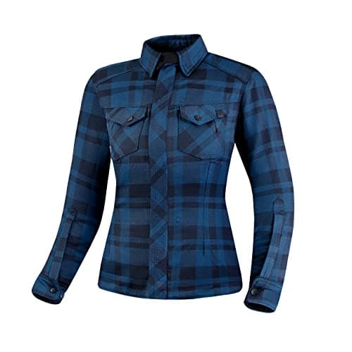 Image of SHIMA RENEGADE LADY 2 Motorcycle Shirt for Women Armored Plaid Biker Flannel Jacket with Kevlar by DuPont layer, CE Back, Shoulder, Elbow Protectors, Zipper Closure (Blue, XL)