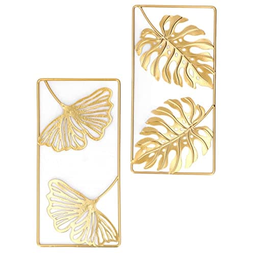 Image of Focket Metal Wall Art Decor, 2Pcs Large 3D Handmade Ginkgo Leaf Metal Wall Sculpture with Gold Frame, Home Decoration Gift for Living Room Bedroom Dining Room Office