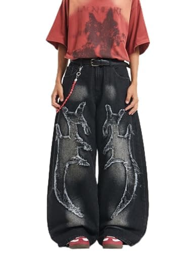 Image of QGRSWBC Men's Baggy Jeans Wide Leg Denim Pants Loose Fit Trousers Hip Hop Jeans Y2K Streetwear Clothing Black M