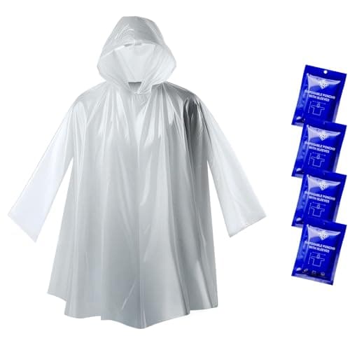 Image of ZENO Disposable Rain Poncho Waterproof with Sleeves - For Adults - Rain Coat with Hood, Pack of 4 - for Women and Men - Hiking, Camping - Drizzle Edition
