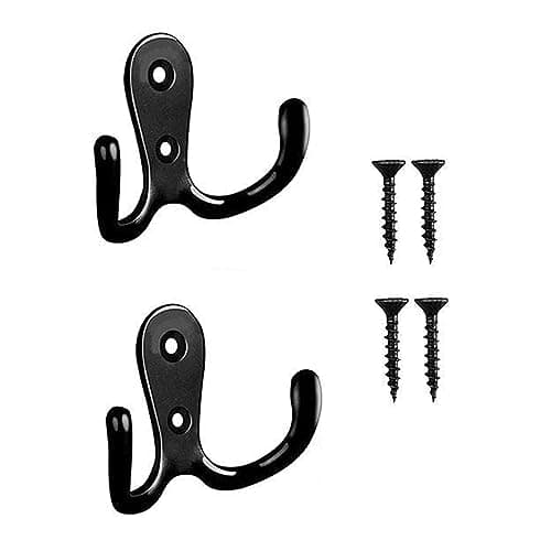 Image of Yesmin 2 Pcs Double Prong Robe Hooks, Dual Coat Hooks Wall Mounted Hanging Clothes for Bathroom Bedroom Door Wall Retro Metal Cloth Hanger Double Coat Hooks with 4 Screws (Black)