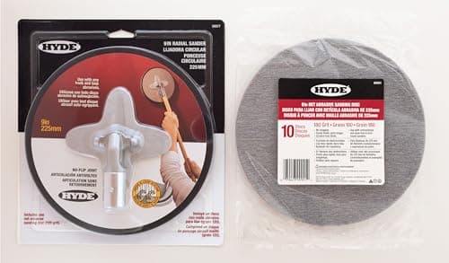 Image of Hyde 9-Inch Radial Sander Kit with 10-Pack Sanding Discs, Sanding Net, 180 Grit - Large Area Pivoting Hinge, Drywall Sanders with Fast Change Hook and Loop, Lightweight