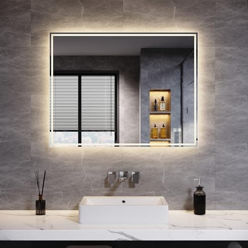 Image of ELEGANT 900x700mm Backlit Bathroom Mirror with 3 Colors Dimmable Sensor Switch LED Illuminated Bath Vanity Wall-Mounted Mirrors with Anti-Fog Demister Heated Pad Horizontal/Vertical