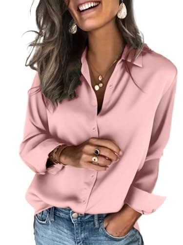 Image of Zeagoo Women's Satin Shirt Long Sleeve V Neck Blouse Classic Button Down Office Business Top Solid Color Pink M