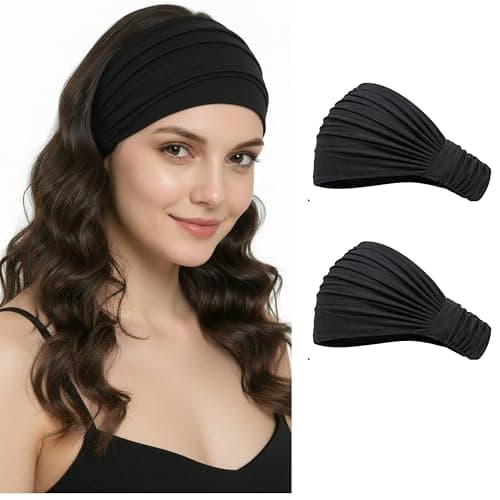 Image of Deresina 2pc Extra Wide Plain Bamboo Headband, Unisex Sweatband for Sports, Make Up - Suitable for Partial Hair Loss (Black - One Size)