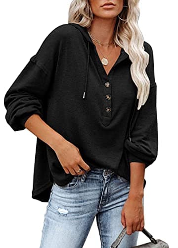 Image of PLOKNRD Winter Oversized Black hoodies for Womens Button Down V Neck Jumper M