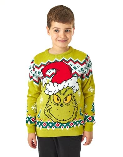 Image of The Grinch Kids Christmas Jumper in Green | Graphic Knitted Sweater for Children | Warm Festive Holiday Long Sleeve Knitwear Top | Fun Pullover Knit Unique Movie Merchandise Gift for Boys & Girls