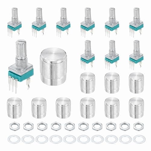 Image of sourcing map 10pcs RK097N B10K Potentiometer, 3Pin Single Linear Rotary Seal Amplifier Logarithmic Potentiometers 15mm Knurled Shaft with Silver 15x17mm Metal Knob Vertical for Audio Amplifier