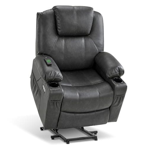 Image of MCombo Riser and Recliner Chairs for Living Room, Electric Power Lift Chairs for Elderly, Brown Lift Armchair, Heated and Massage, Extended Footrest, USB Ports, Faux Leather 7040 (Grey, Medium)