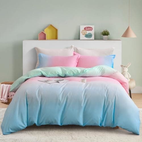Image of Guchuang Bedding King Size Ombre Rainbow Duvet Cover Blue and Pink Girls Bedding Set Soft Brushed Microfiber Quilt Cover for Kids Girls Teens Adults with 2 Pillowcases Zipper Closure 220x230cm
