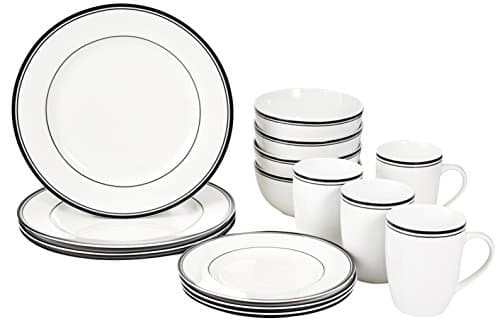 Image of Amazon Basics Dinnerware Set for 4, 16-Piece AB-Grade Porcelain Plates Bowls, Microwave Dishwasher Safe, White with Black Trim