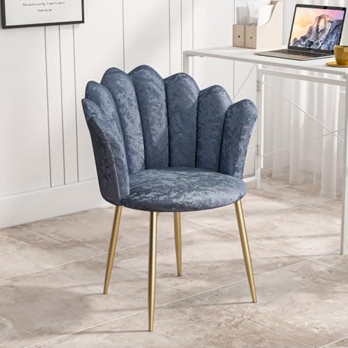 Image of Modern Armchair Tub Chair, Crushed Velvet Vanity Dressing Table Chair with Curved High Back and Gold Plating Metal Legs for Bedroom, Living Room, Salon, Blue-grey