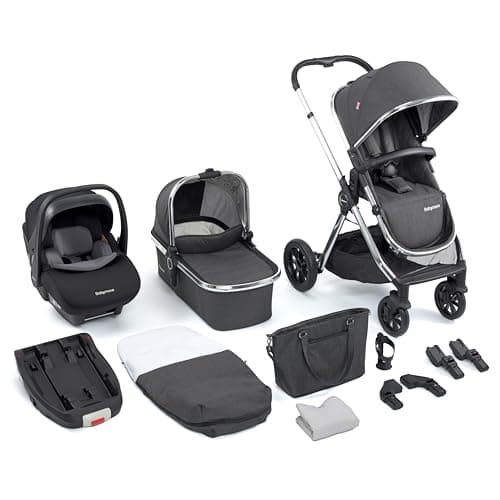 Image of Babymore Memore V2 Travel System 13 Piece Chrome - 3-in-1 Pram Travel System, Foldable, Reclining Baby Pushchair, Premium Pecan i-Size Car Seat with ISOFIX Base & Essentials, 0-4 Years | Up to 22 Kg