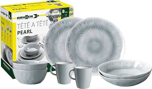 Image of Brunner Stonetouch Melamine Caravan Dinner Set, Anti Slip Outdoor Tableware Set, Lightweight Break Resistant Plates Bowls & Mugs - Camping, Motorhome, Picnic Dining Set (Pearl, 8 Piece Set)
