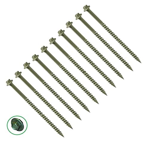 Image of TERF® Heavy Duty Landscape Hex Washer Head Screws 7.0 X 100mm Hex Flanged Head Drive Green Finish Anti Corrosion Screws 7.0 X 100mm For Outdoor Timber Frame Construction Landscape Screw - Pack of 10