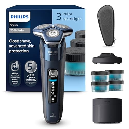 Image of Philips Shaver Series 7000 - Wet & Dry Men's Electric Shaver with SkinIQ Technology, Razor with Pop-up Trimmer, Charging Stand, Travel Case, Quick Clean Pod and 4X Cartridges (Model S7885/63)
