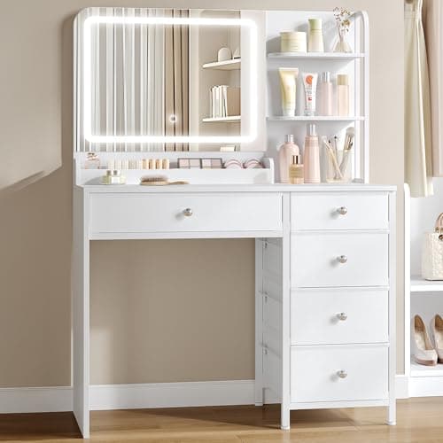 Image of Hzuaneri Dressing Table with LED Lighting, Vanity Desk with Mirror, 5 Drawers, 2 Storage Shelves, Adjustable Brightness, Makeup Vanity Table for Bedroom White DT43903XUK
