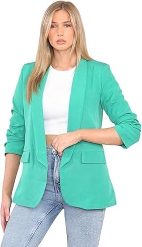 Image of eyes Lined Blazers for Women Casual Long Ruched Sleeve Suit Plain Open Jackets Work Office Coats Cardigan Suit Formal Jacket Top Solid Color Collar Italian Ladies Blazer Size -XXL (Jade, UK 16)
