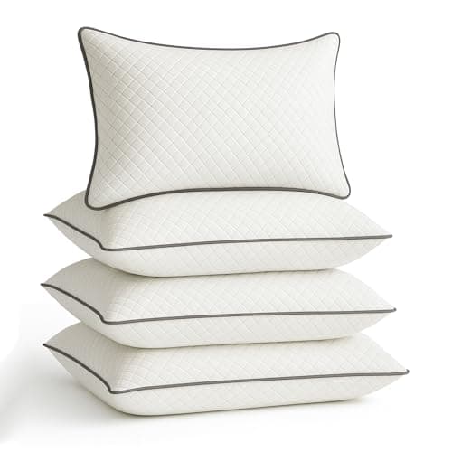 Image of Ultrasonic Quilted Grey Pipiing Hollowfibre Pillows 4 Pack – Luxury Firm & Plump Bed Pillows for Sleeping, Hypoallergenic Down Alternative Bounce Back, Side & Stomach Sleepers, Dust Mite Resistant