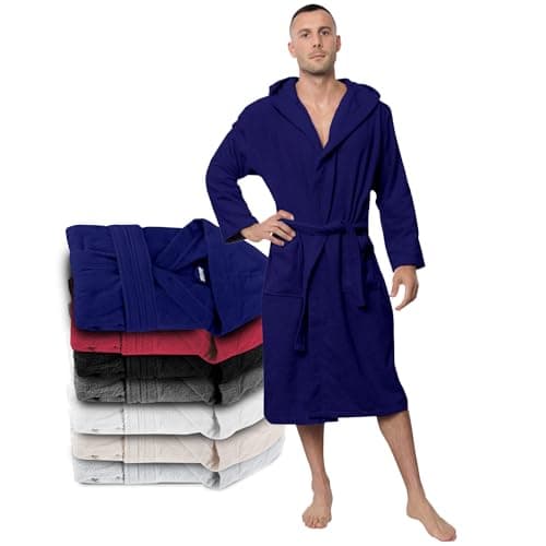 Image of Twinzen Bathrobe 100% Cotton Oeko-TEX Certified - XXL Dark Blue - Premium Dressing Gown Absorbent Towelling with Hood, 2 Pockets, Belt