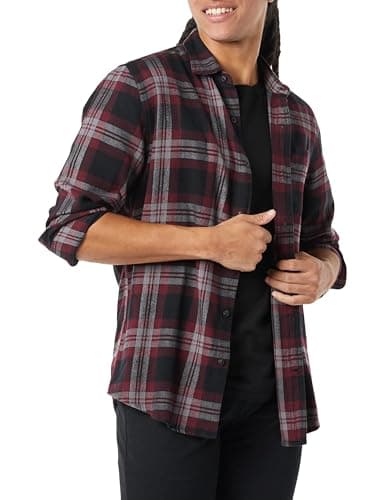 Image of Amazon Essentials Men's Long-Sleeved Flannel Shirt, Black Burgundy Grey Plaid, L