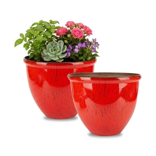 Image of M1SS Set of 2 Ceramic Look Planters – 30cm Glazed Finish Decorative Indoor & Outdoor Flower Pots for Home Decor (Glossy Cherry Red)