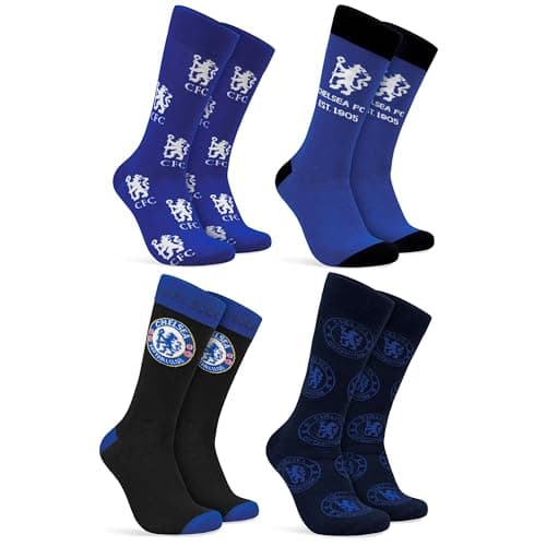 Image of Chelsea F.C. Socks Boys 4 Pack Teens Soft Calf Length Socks Football Gifts for Boys Supporters' Gear for Sports Casual School (Navy/Black, 12.5/3.5 UK)