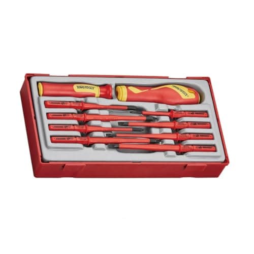 Image of Teng Tools 10 Piece 1000 Volt Insulated Screwdriver Set | Electricians Tools | Slotted, Phillips (PH), Pozidriv (PZ) Interchangeable Blades - TTV710N, Red