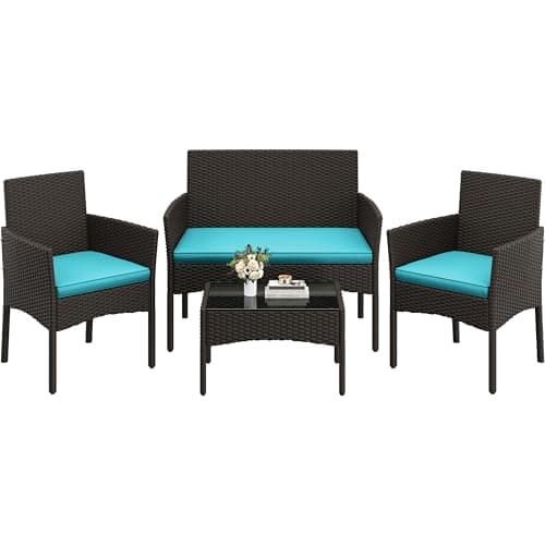 Image of Yaheetech 4 Pieces Outdoor Patio Conversation Set, PE Rattan Wicker Sofa Set with Soft Cushion and Tempered Glass Table for Yard, Poolside, Garden (Brown/Cyan)