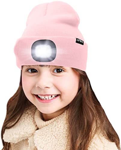 Image of ATNKE Kids LED Lighted Beanie Cap, USB Rechargeable 4 LED Headlamp Waterproof Winter Warmer Knit Night Hats with Light for Boys Girls/Light Pink