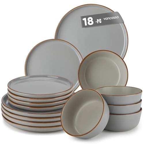 Image of vancasso Reno Stoneware Dinner Set for 6, 18 Pieces Plates and Bowls Set with Dinner Plates, Dessert Plates & Cereal Bowls, Grey Speckled Crockery Set, Chip & Scratch Resistant
