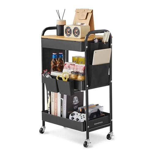 Image of SONGMICS 3-Tier Storage Trolley, Rolling Cart with Table Top, 2 Removable Hanging Cups, 6 Side Pockets, Utility Cart for Living Room, Office, Kitchen, Bathroom, Ink Black LRC036B01