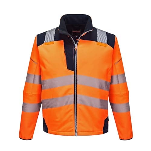 Image of Portwest T402 Men's PW3 Hi Vis Safety Jacket - Windproof Water Resistant High Visibility Reflective Softshell Jacket Orange/Navy, Large