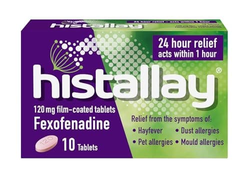 Image of Histallay Hayfever & Allergy Relief Tablets, 10 Tablets, 120mg Fexofenadine, Antihistamine 24hr Relief, Acts Within 1hr, Relieves Hayfever, Pet, Dust and Mould Allergies
