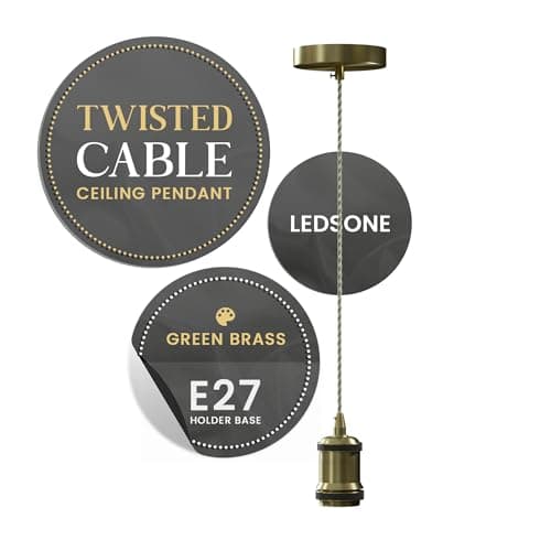 Image of Brass Pendant Light Kit E27 Adjustable – Industrial Ceiling Hanging Lamp with Army Green Braided Cable & Ceiling Rose Vintage Lighting Fixture UK