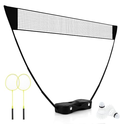 Image of COSTWAY Portable Badminton Net Set, All-In-One Volleyball Badminton Set with Storage Base, 2 Rackets and 2 Shuttlecocks, for Backyard, Beach, Ball Games, Outdoor Team Sports (Black)