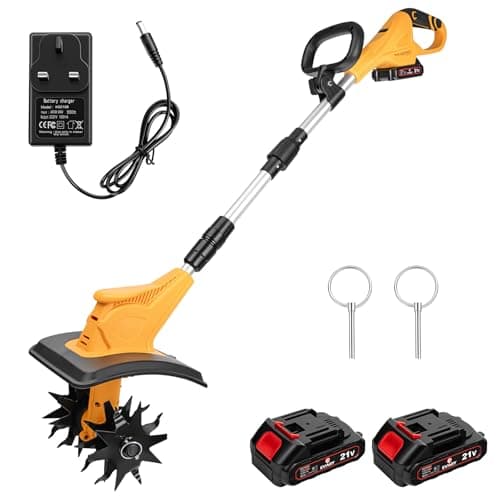 Image of Capsste Cordless Garden Tiller 20V Electric Cultivator 340RPM with 2×2.0Ah Batteries 9” Width 6.3” Depth Lightweight Battery Powered Rotavator for Soil Loosening Weeding Cultivation
