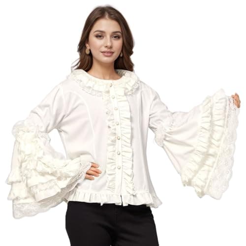 Image of UniqKaliber Women Lolita Blouse Long Sleeve Lace Ruffles Shirt Victorian Vintage Blouse Chiffon Frilly Chiffon Crop Top White