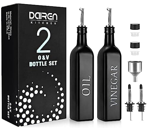 Image of DaiRen Kitchen Oil and Vinegar Dispenser Bottle 500 ml Glass Set, Olive Oil Bottle Dispenser with Caddy Holder and Stainless Steel Spout, Black, 2-Piece Set