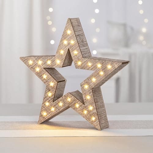 Image of Ideen mit Herz LED Wooden Star | Christmas Light | Winter Decoration | Window Lighting | Vintage Look | 30 Warm White LEDs | 30cm x 29.5cm x 5.3cm