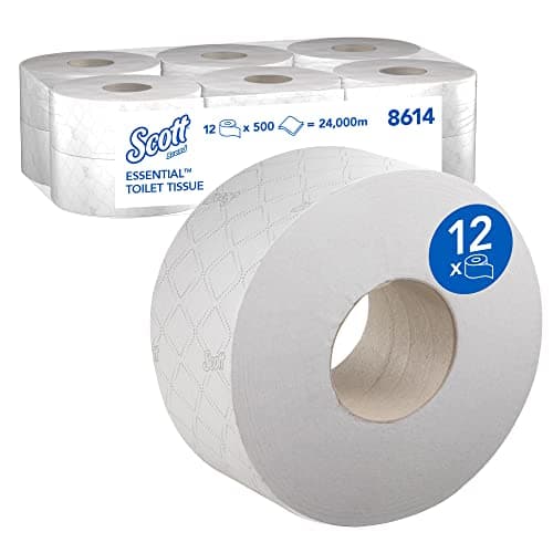 Image of Scott Essential Jumbo Toilet Tissue 8614 2-Ply White Toilet Paper Rolls, Soft and Strong, High-Capacity Format for Commercial Use, 12 rolls with 500 white sheets each (total 6,000 sheets)
