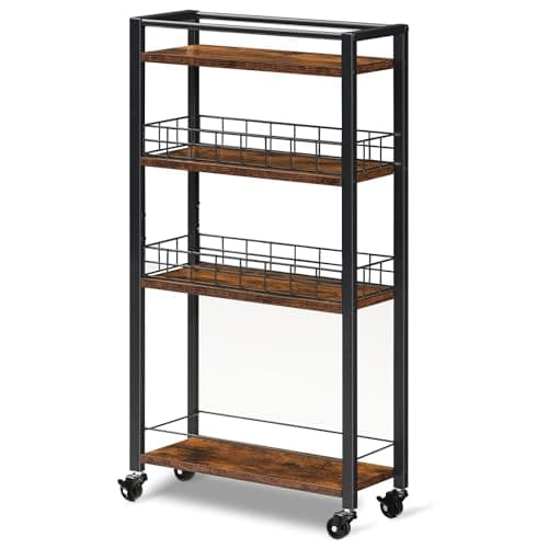 Image of HOOBRO 4-Tier Slim Kitchen Storage Cart, Narrow Rolling Cart for Small Space, Versatile Serving Trolley on Wheels, for Kitchen, Dining Room, Laundry Room, Rustic Brown and Black EBF17TC01