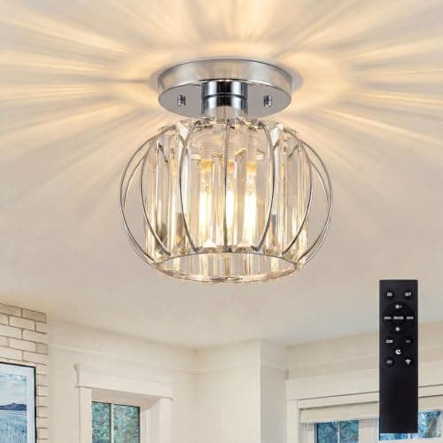 Image of SURPALIG Modern Crystal Ceiling Lighting Fixture, Mini Crystal Chandelier, Silver Light Shade, Small LED Flush Mount Ceiling Light for Kitchen Hallway Dining Rooms Living Rooms Bar, Bulb Included