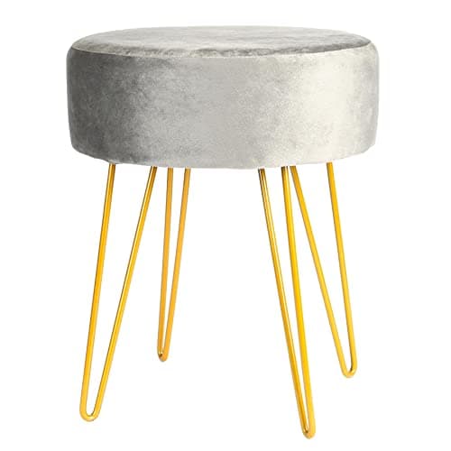 Image of Harbour Housewares Velvet Round Foot Stool - Grey with Gold Legs - Small Modern Dressing Table Pouffe Footstool Vanity Seats Vanity Chairs Footstools for Living Room, Bedroom